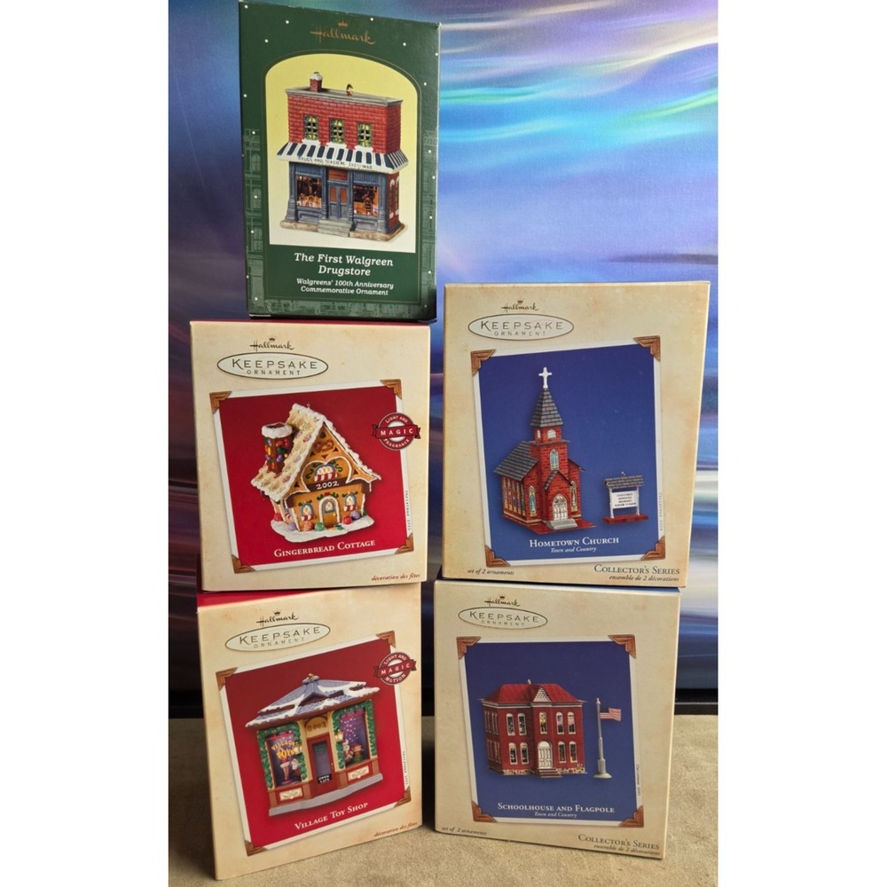 Lot of 5 Hallmark Shops & Buildings, 1st Walgreens, Church, Schoolhouse, Etc.